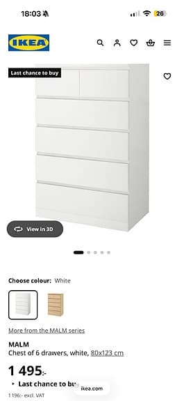 MALM Byrå med 6 lådor, vit