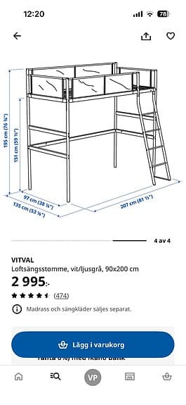 IKEA VITVAL loftsäng 90x200 vit