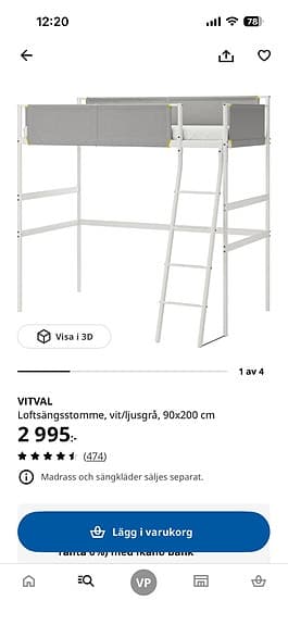 IKEA VITVAL loftsäng 90x200 vit