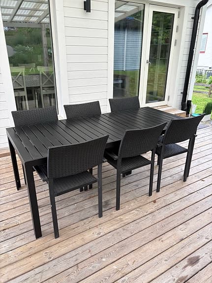 Svart matgrupp utebord med 6 stolar