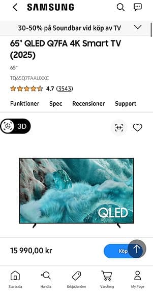 Helt oöppnad 65" QLED Q7FA 4K Smart TV