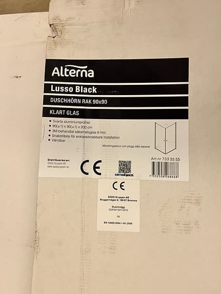 Alterna Lusso Black duschhörn 90x90 klart glas