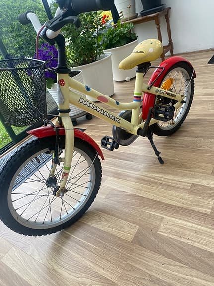 Monark barncykel 16" gul/röd med korg
