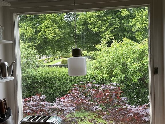 Fönsterlampa/taklampa i vitt glas och mörkt trä