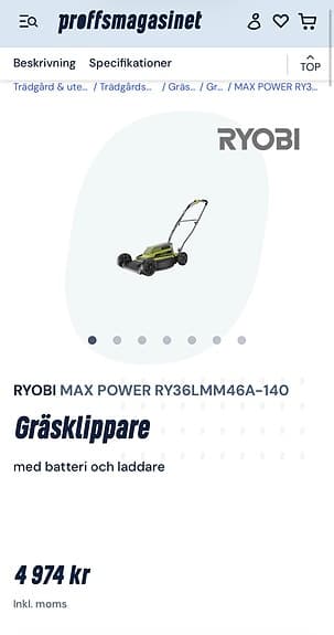 Ryobi Max Power RY36LMM46A-140 gräsklippare 36V