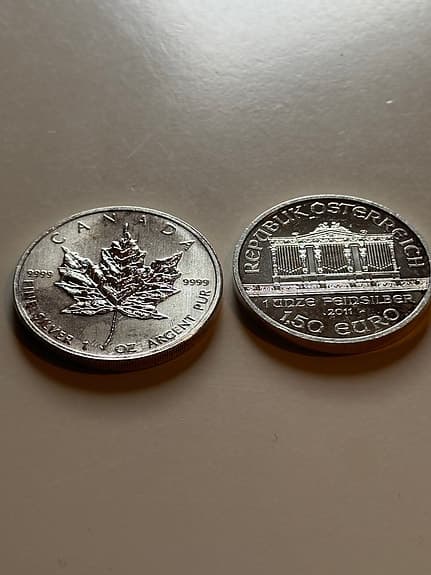1 oz, x2 Silvermynt Kanada Maple Leaf och Österrike Philharmoniker