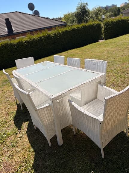 Vitt matbord i konstrotting med glas och 6 stolar