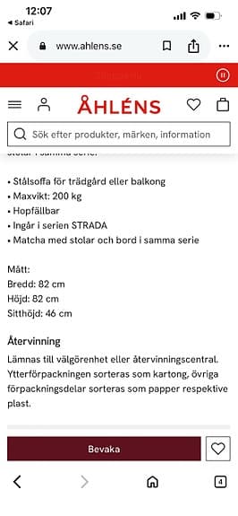 Strada hopfällbar stålsoffa för balkong/trädgård svart