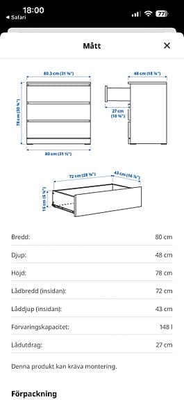 Helt ny Malm byrå 3 lådor