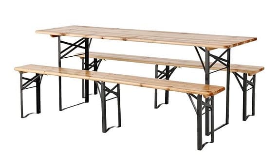 Bänkset – 8 kompletta set i trä och metall