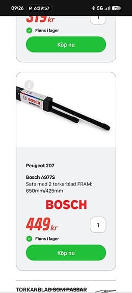 Peugeot 207 torkarblad fram och bak Bosch A977S / Wipers WIP-550