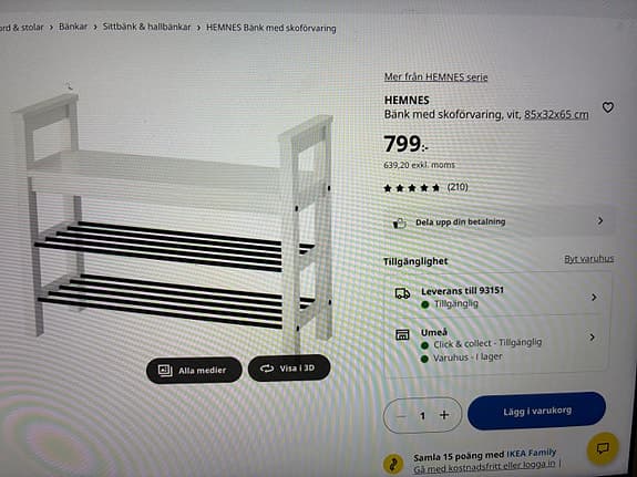 IKEA HEMNES bänk med skoförvaring vit 85x32 cm
