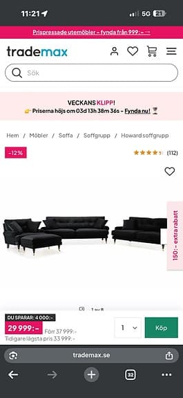 Exklusiv soffgrupp i svart sammet – 3+2+1-sits med mässingsben
