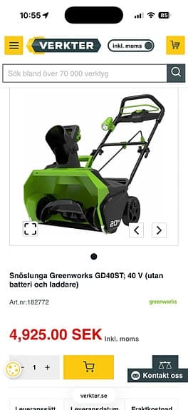Greenworks 40V Snöslunga med batteri och laddare