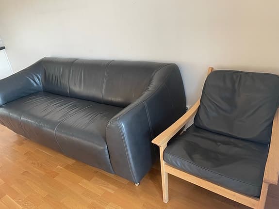 Läder soffa+läder/träd fåtölj /ILVA