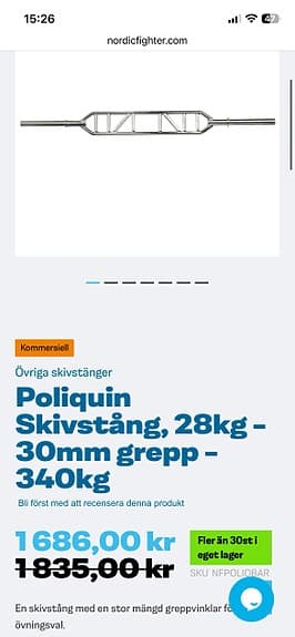 Poliquin skivstång 28 kg 30 mm grepp