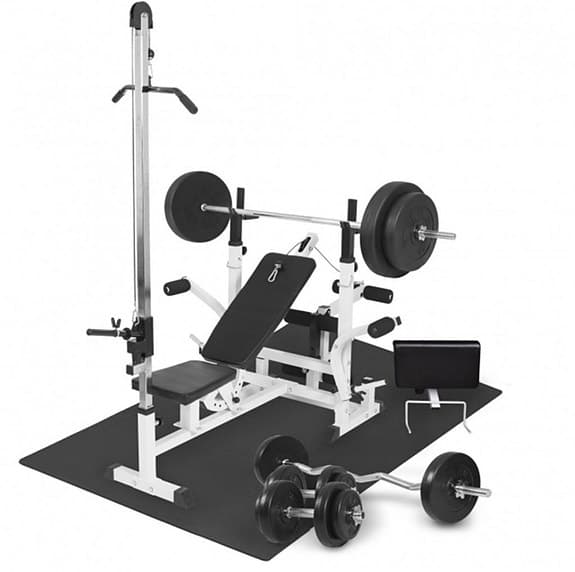 Komplett hemmagym med bänk, latsdrag, vikter, hantlar & crosstrainer