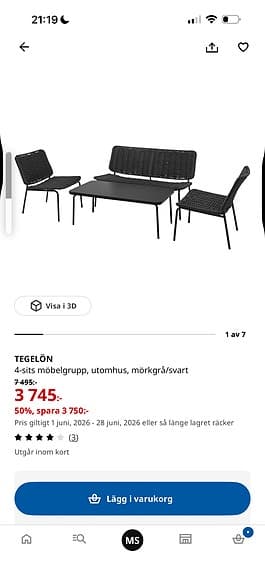 Tegelön 4-sits utegrupp mörkgrå/svart