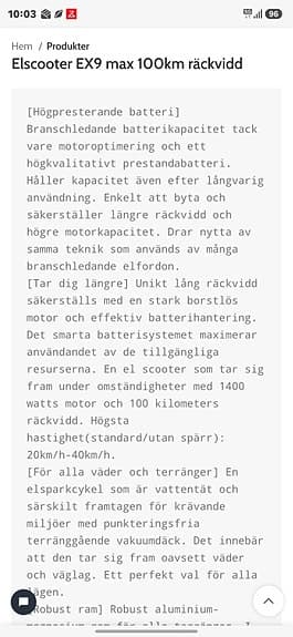 Elscooter EX9 max 100km räckvidd