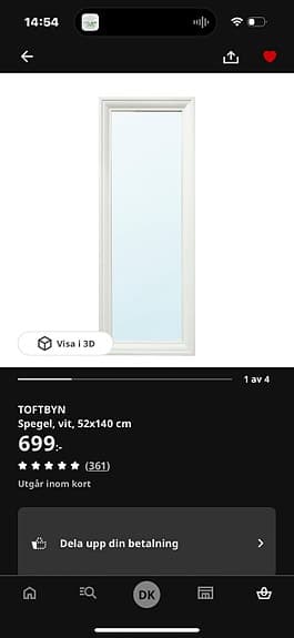 IKEA TOFTBYN spegel 52x140 cm vit