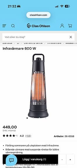 Infravärmare 600 W svart 2 st