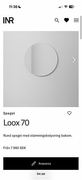 INR Loox 70 rund badrumsspegel med LED-belysning