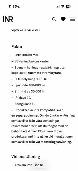 INR Loox 70 rund badrumsspegel med LED-belysning