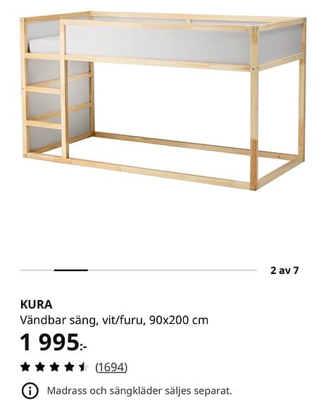 IKEA KURA vändbar säng 90x200 vit/furu