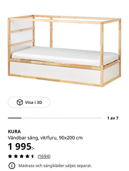 IKEA KURA vändbar säng 90x200 vit/furu