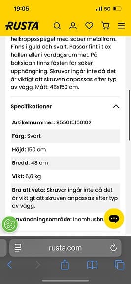 Rusta Max spegel 48x150 cm svart