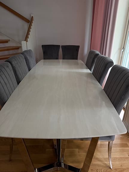 Exklusiv matgrupp – Hilma matbord 200 cm & 8 Ella sammetsstolar i nyskick