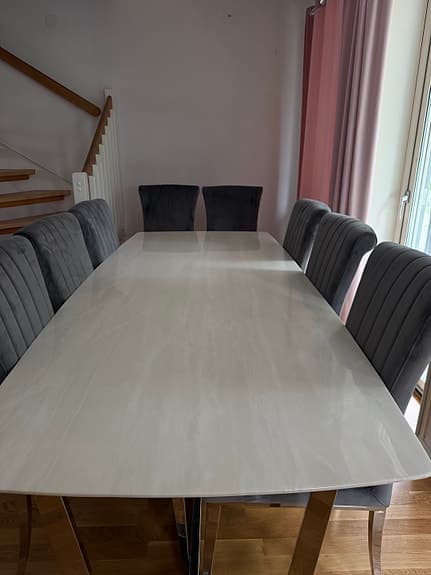 Exklusiv matgrupp – Hilma matbord 200 cm & 8 Ella sammetsstolar i nyskick