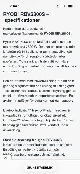 Ryobi lövblås/lövsug med uppsamlare