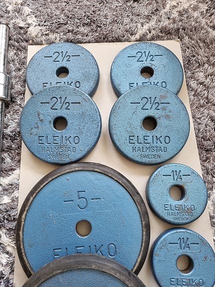 Eleiko hantel- och skivstång med viktskivor blå