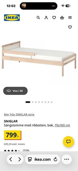 IKEA SNIGLAR juniorsäng med UNDERLIG madrass 70x160 cm