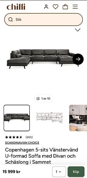 Copenhagen 5-sits Vänstervänd U-formad Soffa med Divan och Schäslong i Sammet