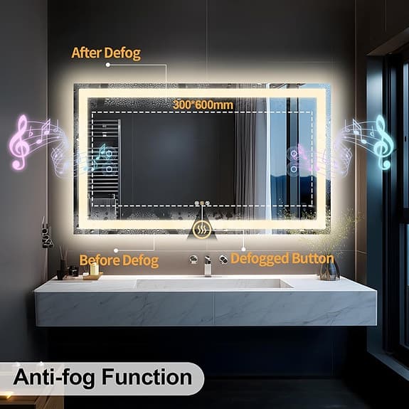 LED-badrumsspegel 100x70 cm med Bluetooth-högtalare, dimbart ljus och Anti-fog.