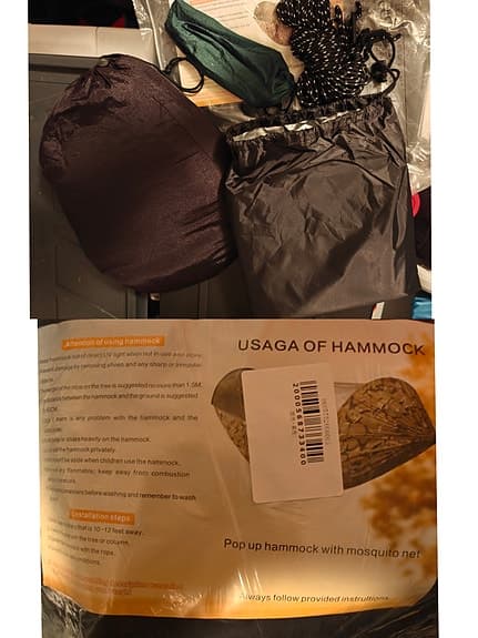 Flytväst, campingstol, campingbord, hammock/hängmatta