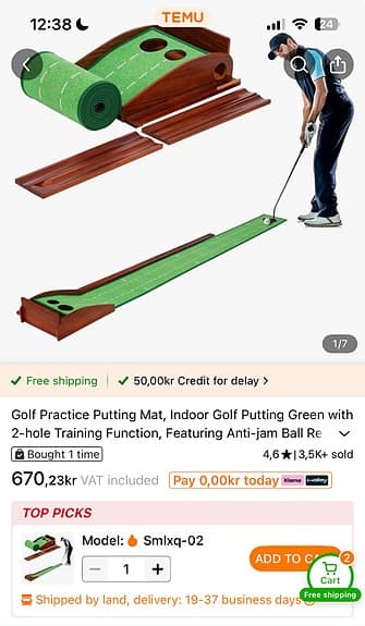 Golf puttingmatta inomhus med två hål grön
