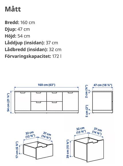 Nordli byrå 6 lådor vit, B 160, H 54, D 47 cm
