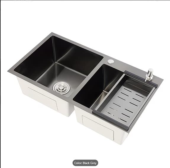 Svart dubbel diskho 78×43 cm i T304 stål – komplett set