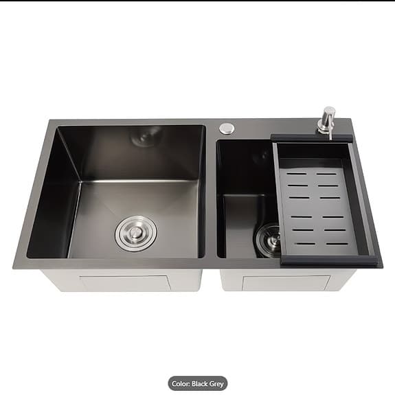 Svart dubbel diskho 78×43 cm i T304 stål – komplett set