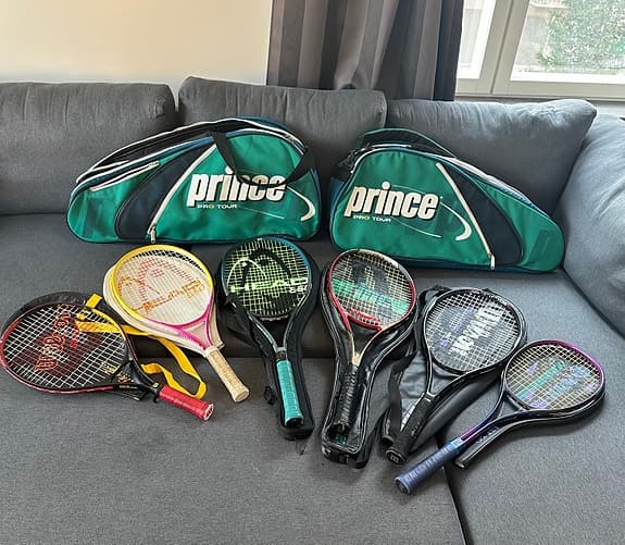 Vintage tennis- och squashracketar med originalfodral & Prince Pro Tour-väskor