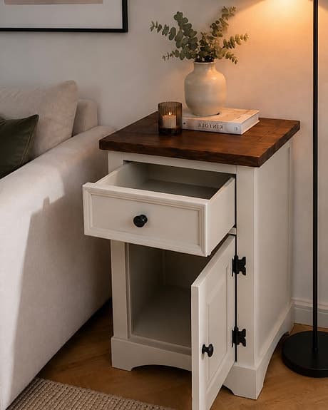 Greige sängbord/sideboard med låda och skåp