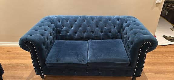 Chesterfield soffgrupp i blå sammet – 3-sits + 2-sits