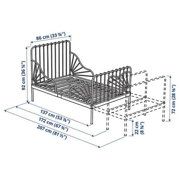 IKEA utdragbar juniorsäng svart metall inkl madrass