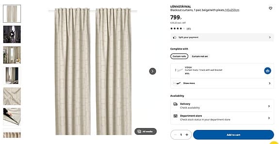 LÖNNSTÄVMAL Mörkläggningsgardiner, 1 par, beige/med veckband, 145x250 cm