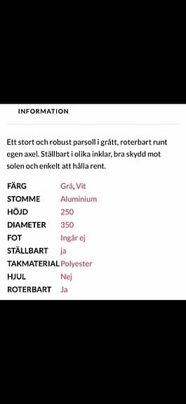 Parasoll grå 350 cm med aluminiumstomme