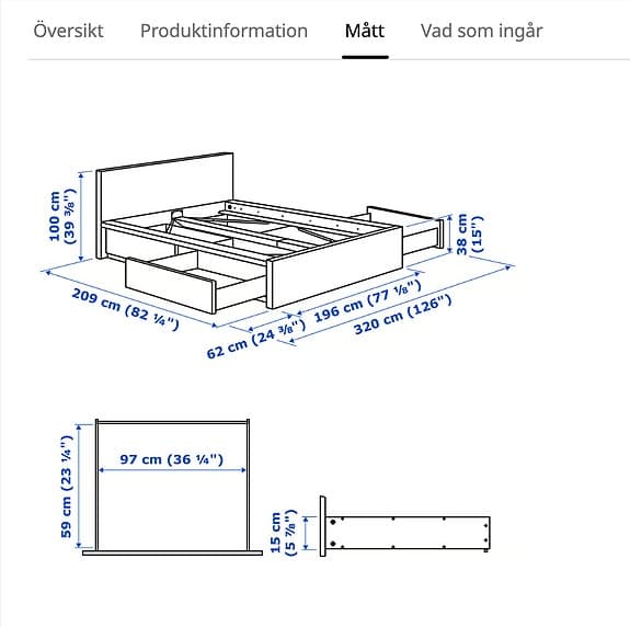 IKEA Malm sängram med ribbotten och förvaring 180x200 vit