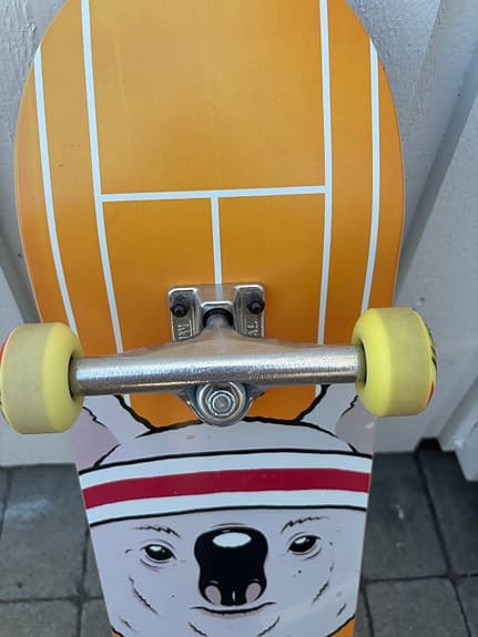 Skateboard med koala-motiv och gula hjul